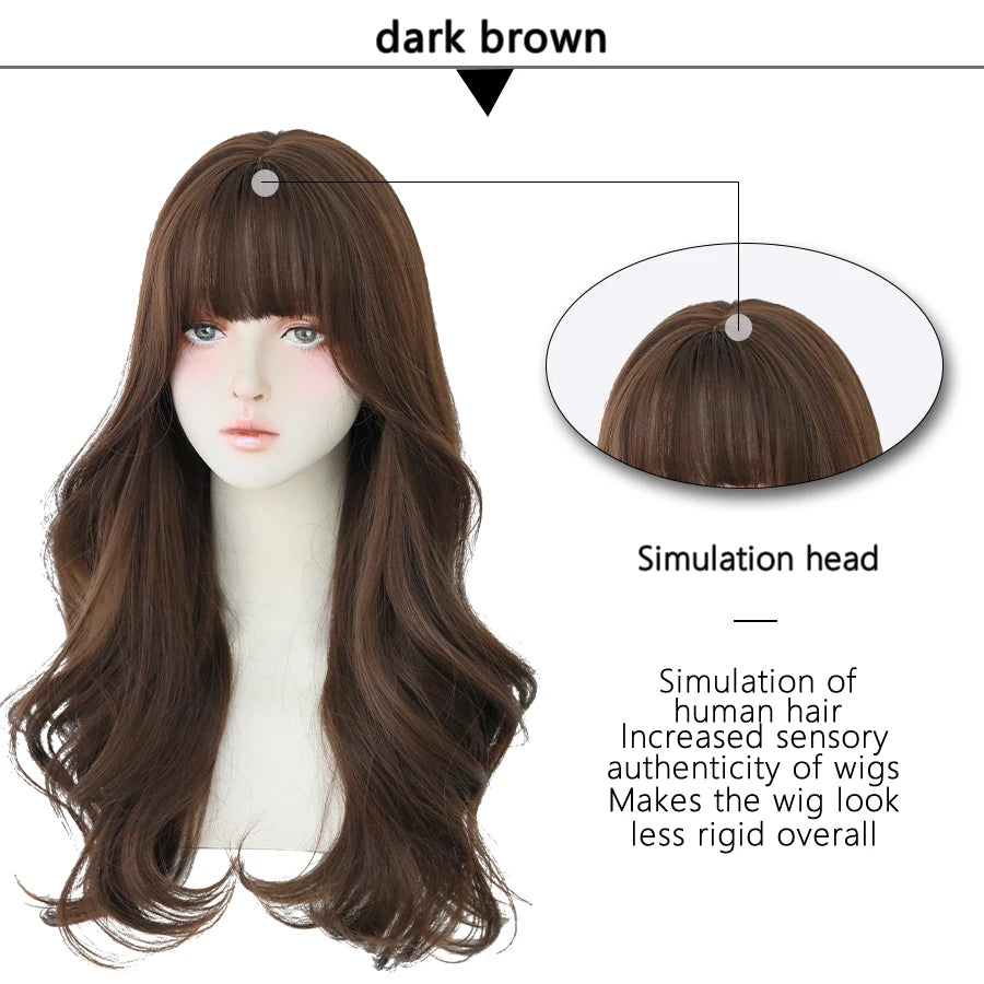 7JHH Popular Brown Ash Long Deep Wave Wig with Bangs for Women