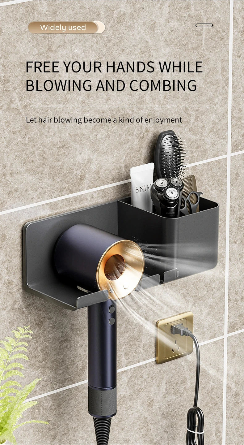 Wall-Mounted Hair Dryer Holder, Organizer Box & Straightener Stand for Bathroom Accessories