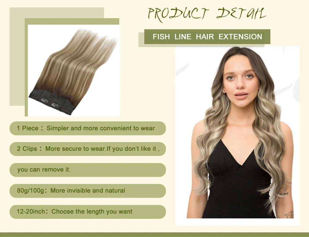 VeSunny Fish Line Human Hair Extension - Invisible Wire One-Piece Blonde Hair Weft with Clips