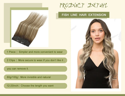 VeSunny Fish Line Human Hair Extension - Invisible Wire One-Piece Blonde Hair Weft with Clips