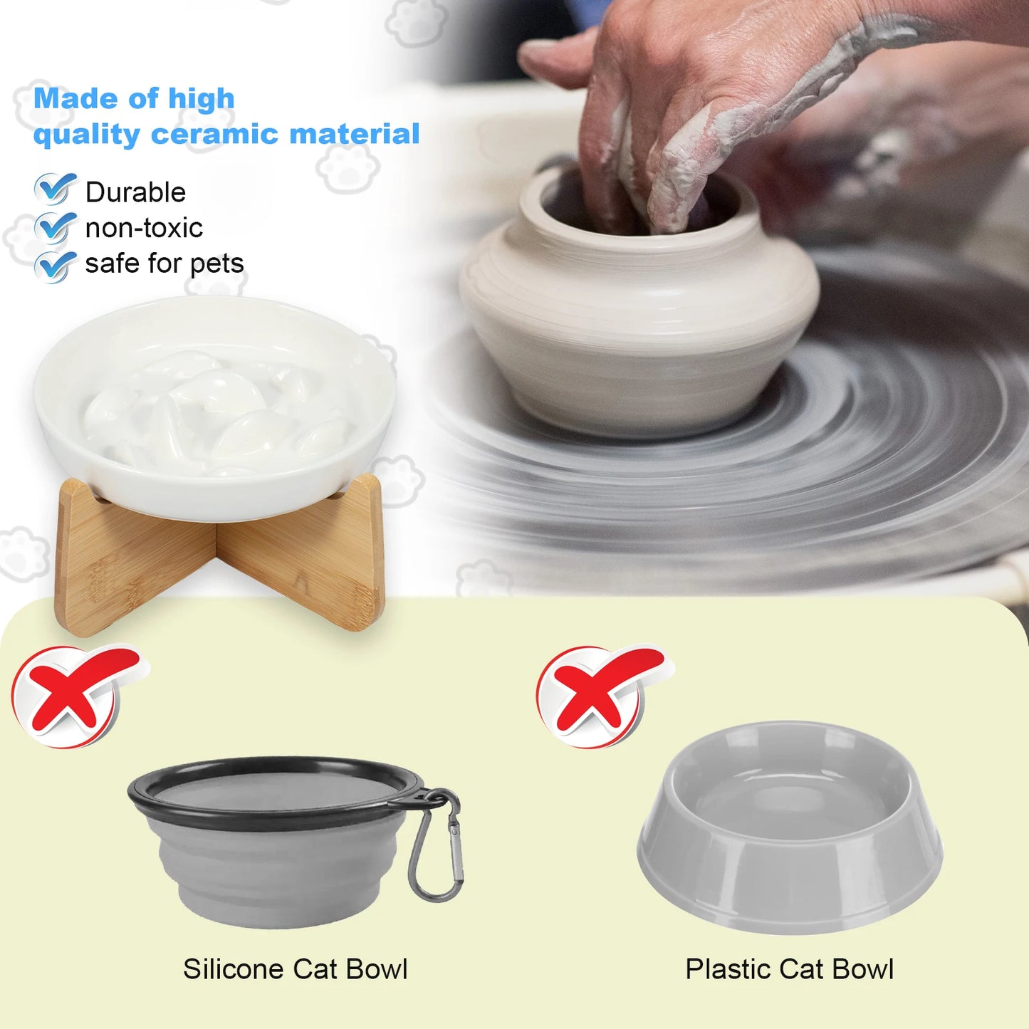 Raised Ceramic Cat Bowl with Wood Stand - Anti-Vomiting Slow Feeder