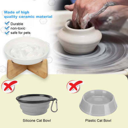 Raised Ceramic Cat Bowl with Wood Stand - Anti-Vomiting Slow Feeder