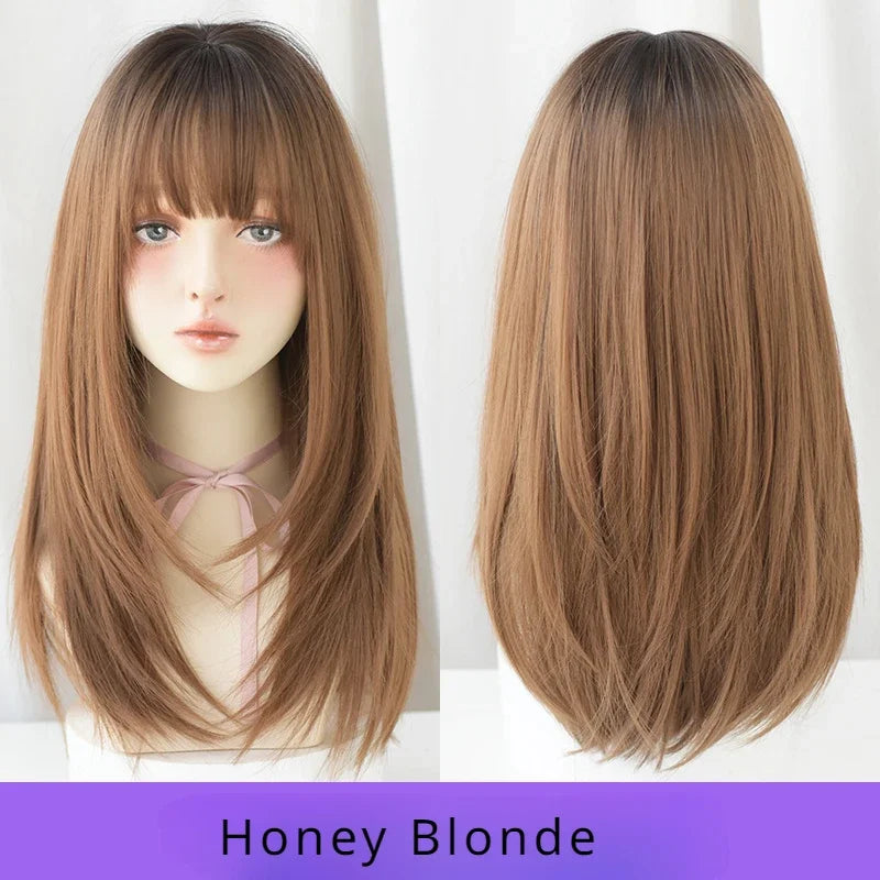 Straight Layered Blonde Wig with Neat Bangs - High Density Synthetic Hair for Women