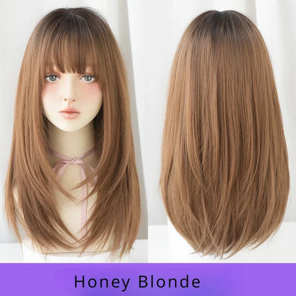 Straight Layered Blonde Wig with Neat Bangs - High Density Synthetic Hair for Women