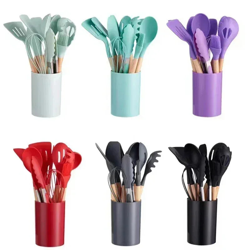 12Pcs Silicone Cooking Utensils Set with Wooden Handle, Non-Stick Kitchen Tools