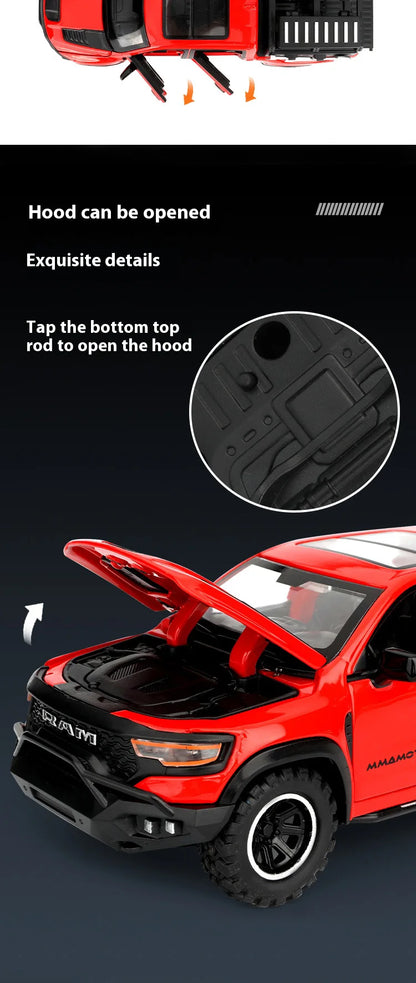 1/32 RAM 1000 TRX Mammoth Pickup Alloy Car Model with Sound and Light Pull Back Toy for Kids Collectibles Birthday Gift