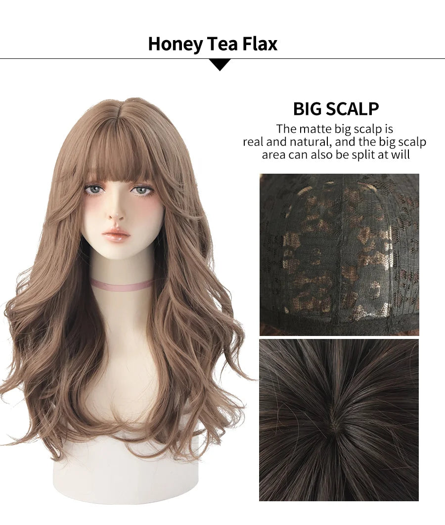 7JHH Popular Brown Ash Long Deep Wave Wig with Bangs for Women