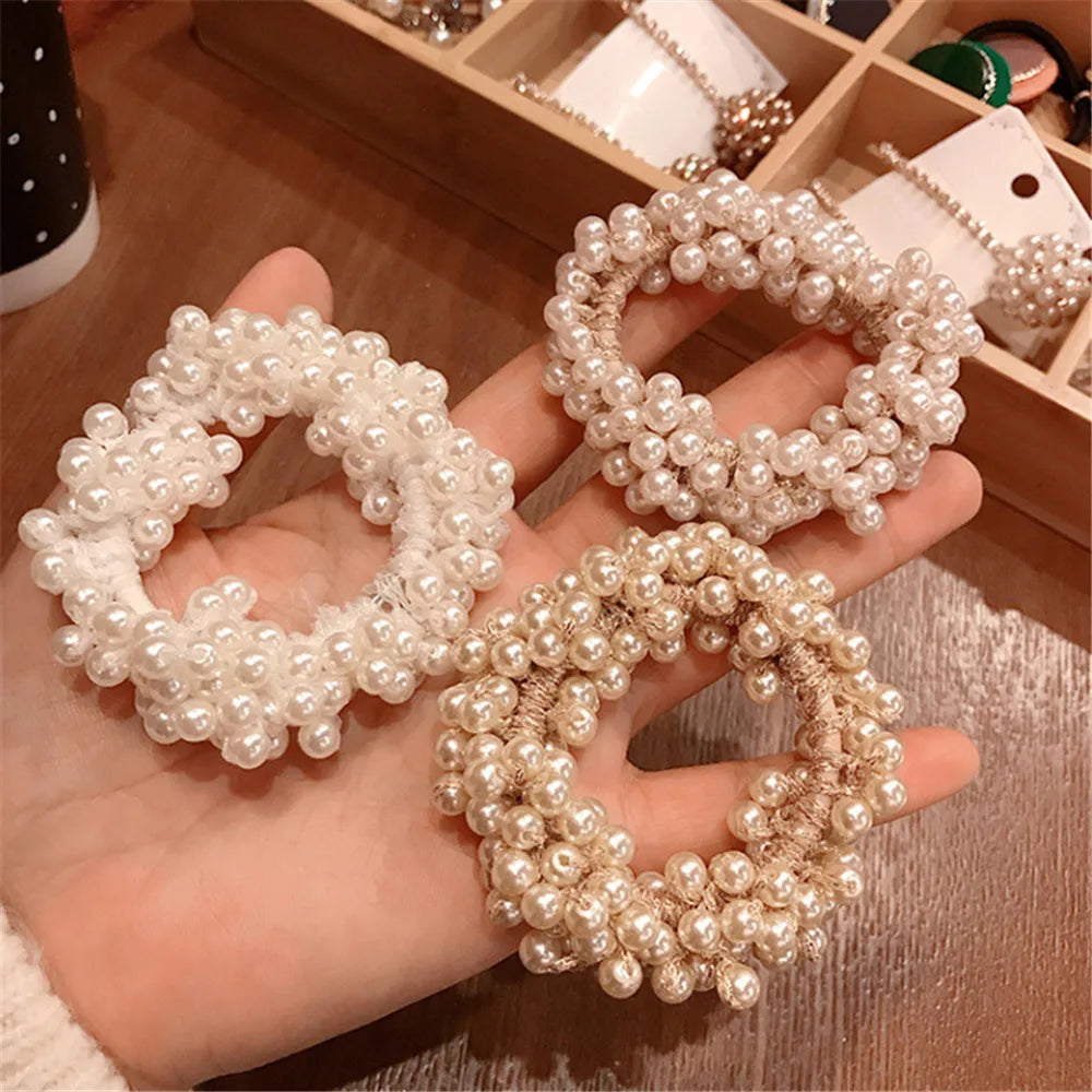Crystal Pearls Hair Rope Handmade Elastic Beaded Ponytail Holder for Women & Girls Hair Accessories