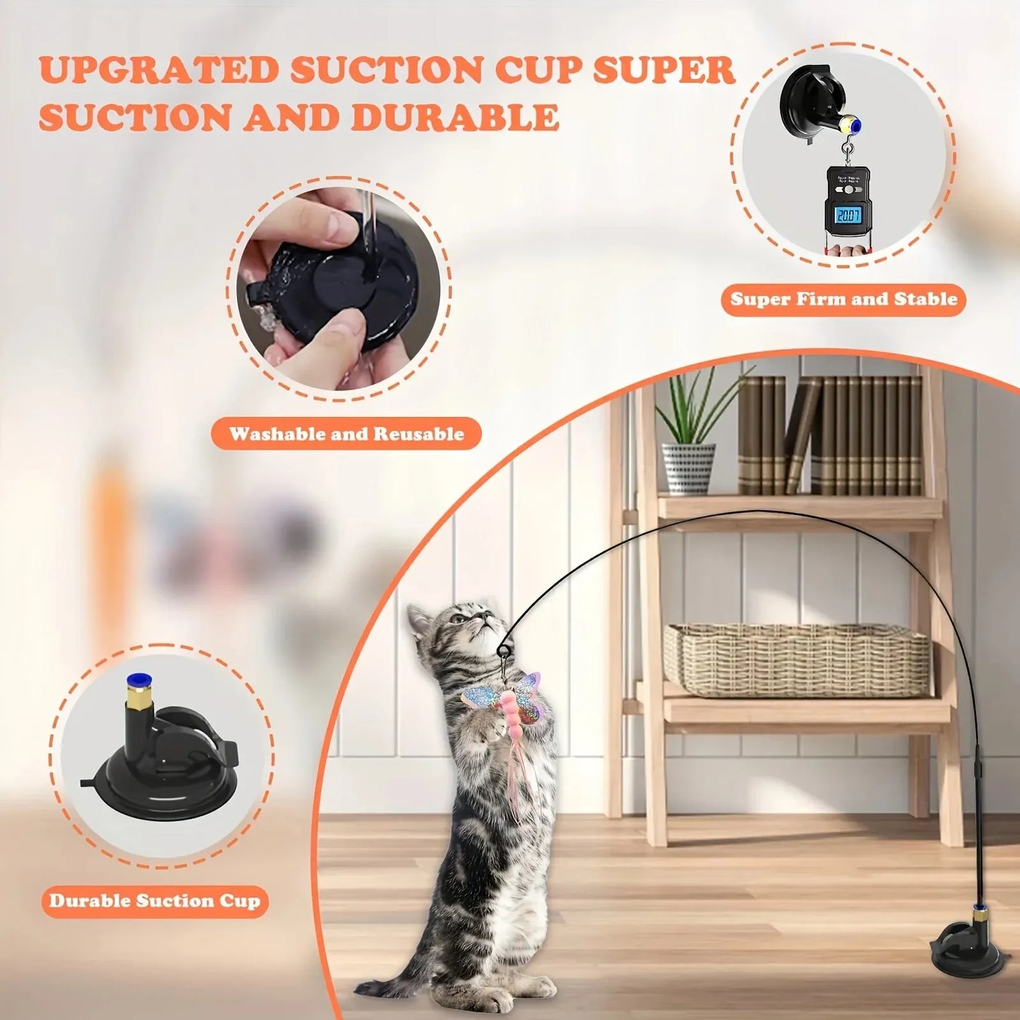 Cat Teaser Toy Interactive Bell & Feather Wand with Long Suction Cup Pole for Playtime Adventures