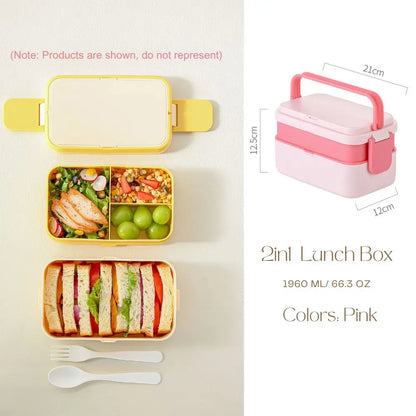 2-Layer Bento Box with Handle, Large Capacity Leak-Proof Lunch Box for Kids, Microwave Safe