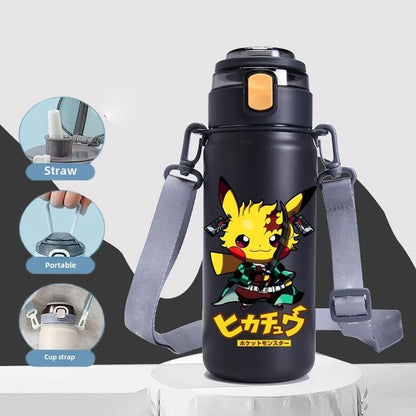 620ML Pikachu Stainless Steel Thermos Bottle – Anime Vacuum Flask with Rope and Large Capacity