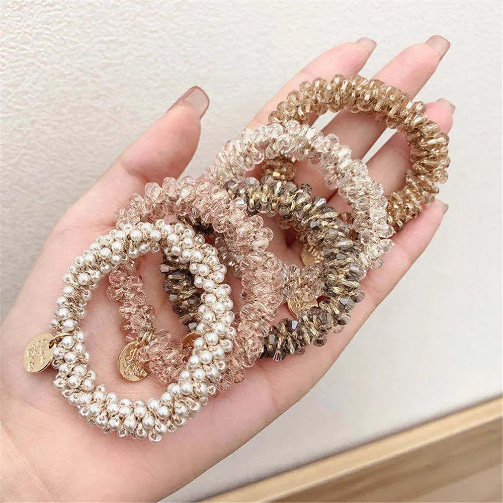 Crystal Pearls Hair Rope Handmade Elastic Beaded Ponytail Holder for Women & Girls Hair Accessories