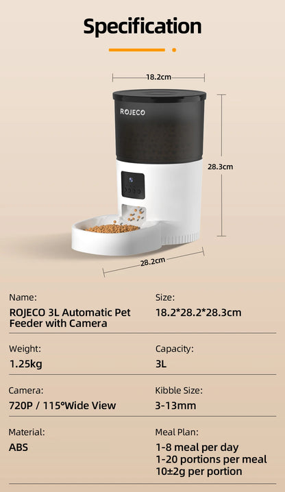 ROJECO Automatic Cat Feeder with Camera & Smart Voice Recorder for Cats & Dogs