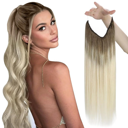 VeSunny Fish Line Human Hair Extension - Invisible Wire One-Piece Blonde Hair Weft with Clips