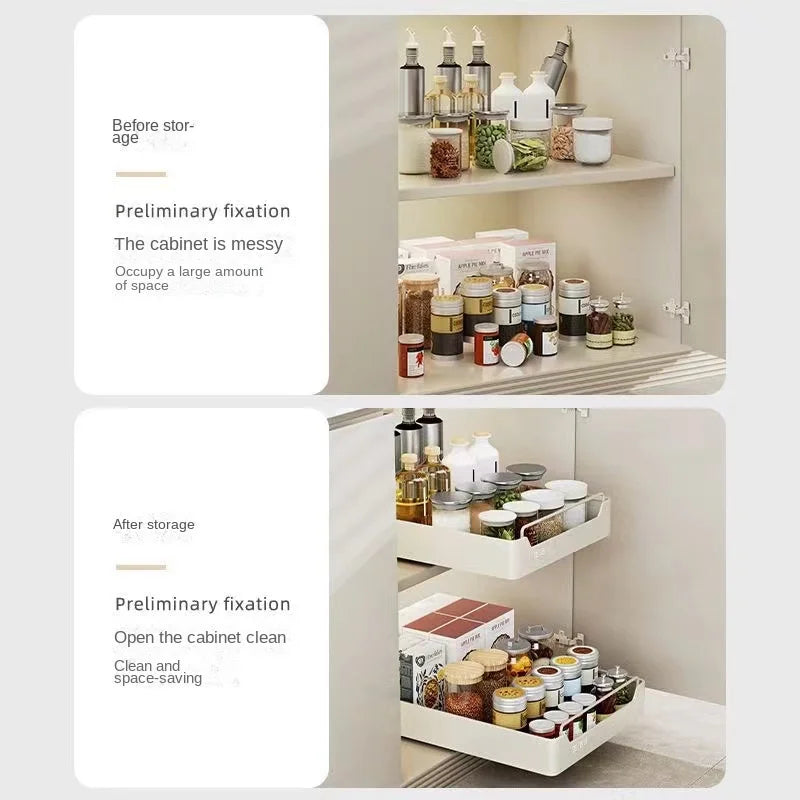 Pull Out Kitchen Storage Shelf with Slide Rails and Spice Organizer Rack
