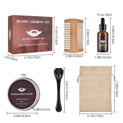 Beard Growth Kit for Men - Essential Oil, Moisturizing Wax, Growth Roller, Comb, and Styling Scissors for Beard Care