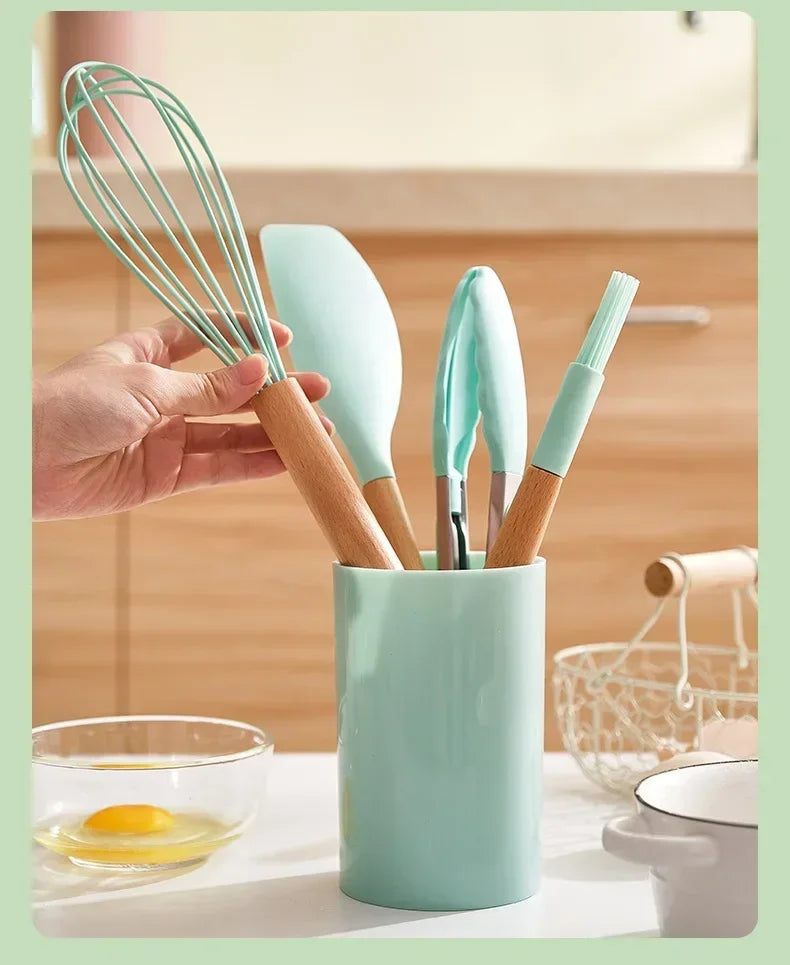 12Pcs Silicone Cooking Utensils Set with Wooden Handle, Non-Stick Kitchen Tools