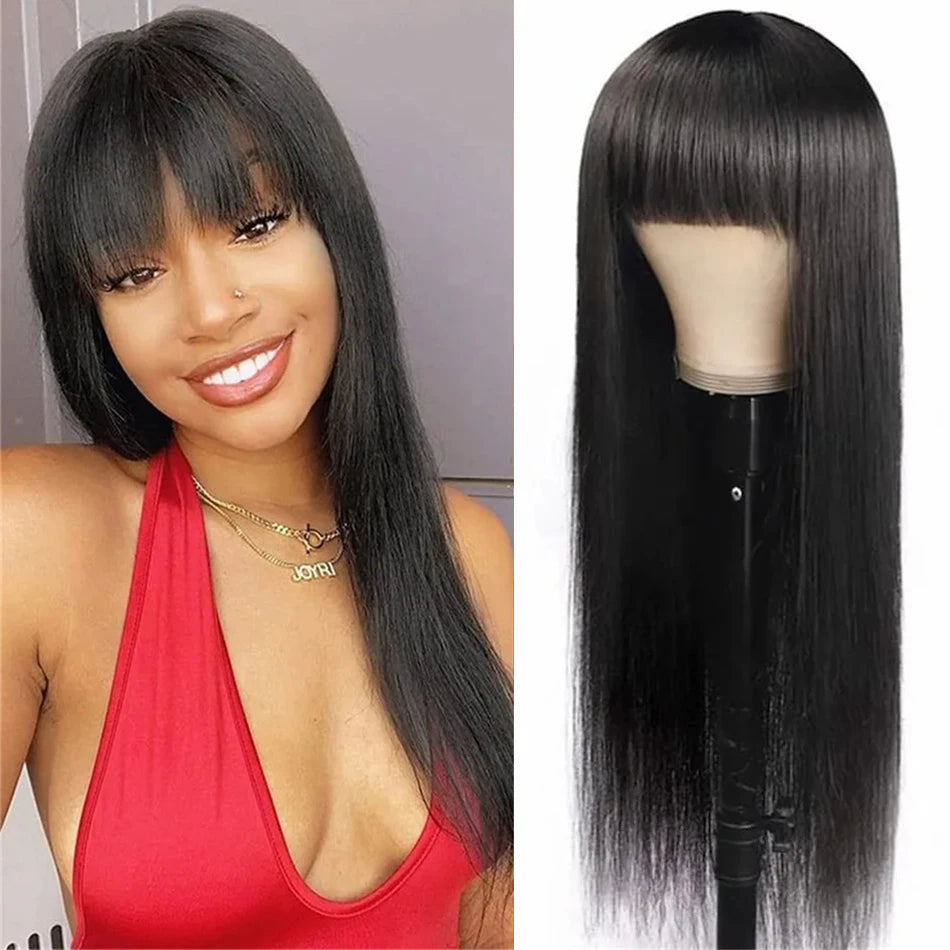 Silky Human Hair Wig with Bangs for Women 100% Brazilian Straight