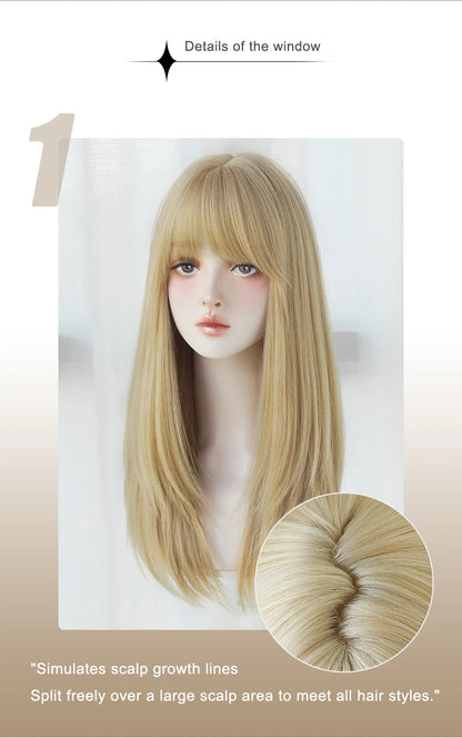 Straight Layered Blonde Wig with Neat Bangs - High Density Synthetic Hair for Women