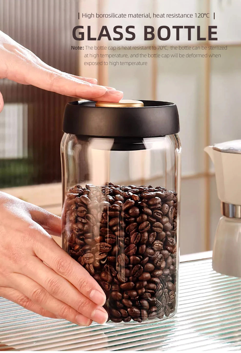 Vacuum Sealed Coffee Bean Storage Jar - Glass Food & Tea Fresh Storage Bottle for Kitchen