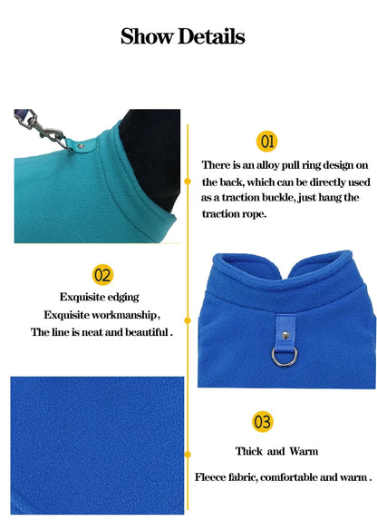Warm Fleece Dog Jacket with D-Ring – Vest for Small Dogs & Cats, French Bulldog & Chihuahua Coat