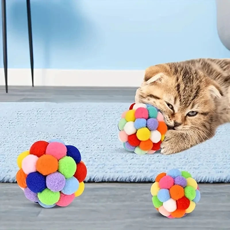 Cat Plush Ball Toy Set – Elastic Bell & Woolen Balls for Playing Cats