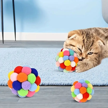 Cat Plush Ball Toy Set – Elastic Bell & Woolen Balls for Playing Cats