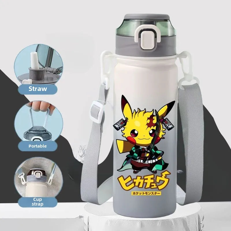 620ML Pikachu Stainless Steel Thermos Bottle – Anime Vacuum Flask with Rope and Large Capacity