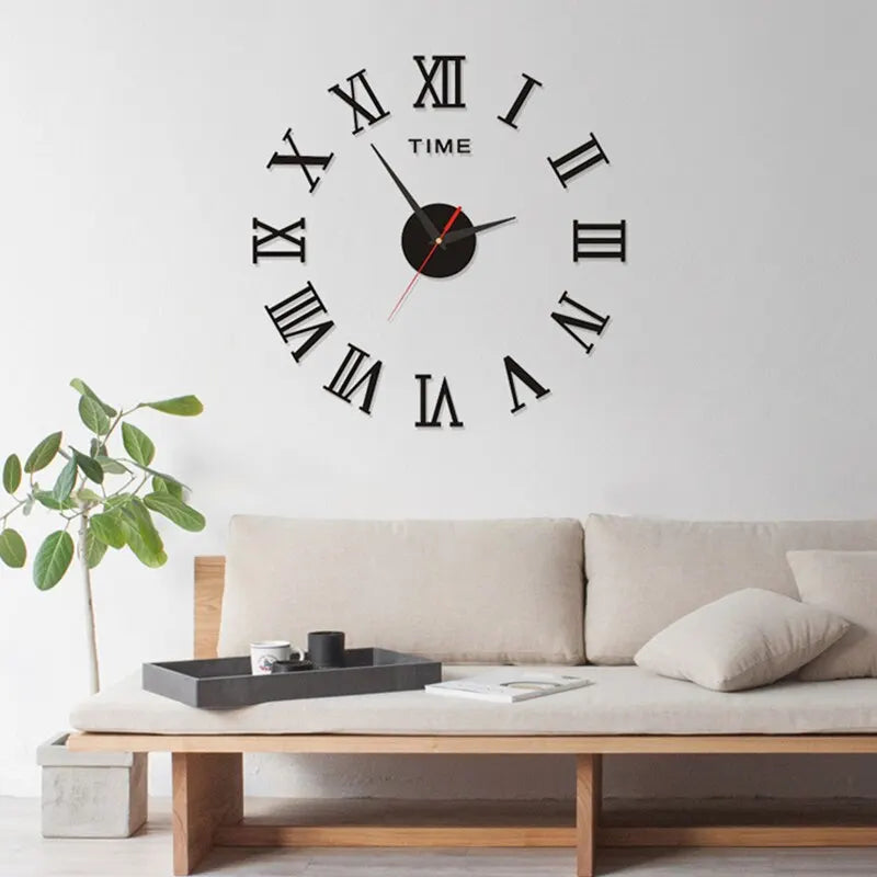 3D Acrylic Digital Wall Clock - Roman Numerals Mirror Design, Large Round DIY Self-Adhesive Clock