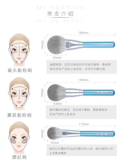 13pcs Blue Makeup Brush Set – Powder, Blusher, Eyeshadow, Eyebrow & Lip Brushes