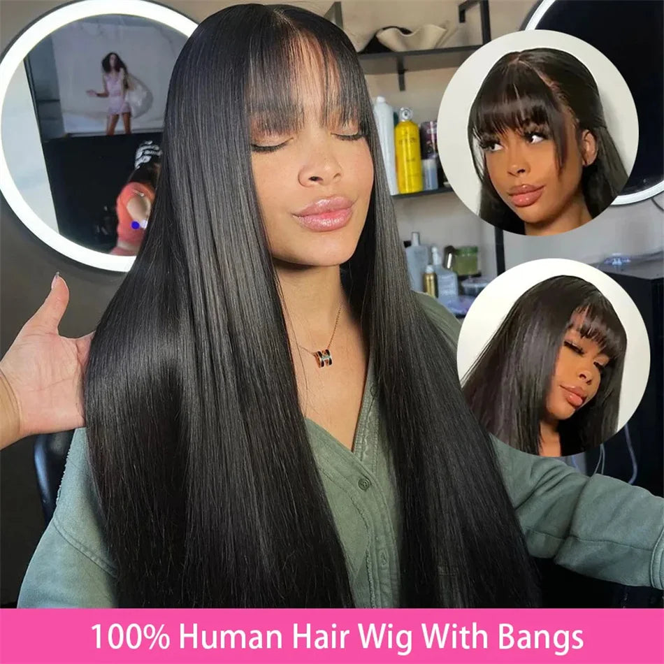 Silky Human Hair Wig with Bangs for Women 100% Brazilian Straight