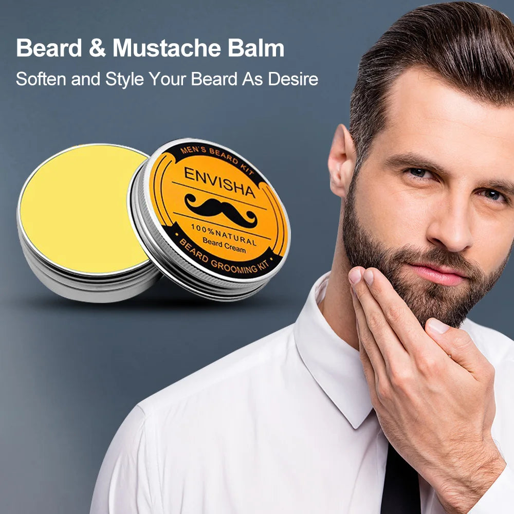 Beard Growth Kit for Men - Essential Oil, Moisturizing Wax, Growth Roller, Comb, and Styling Scissors for Beard Care