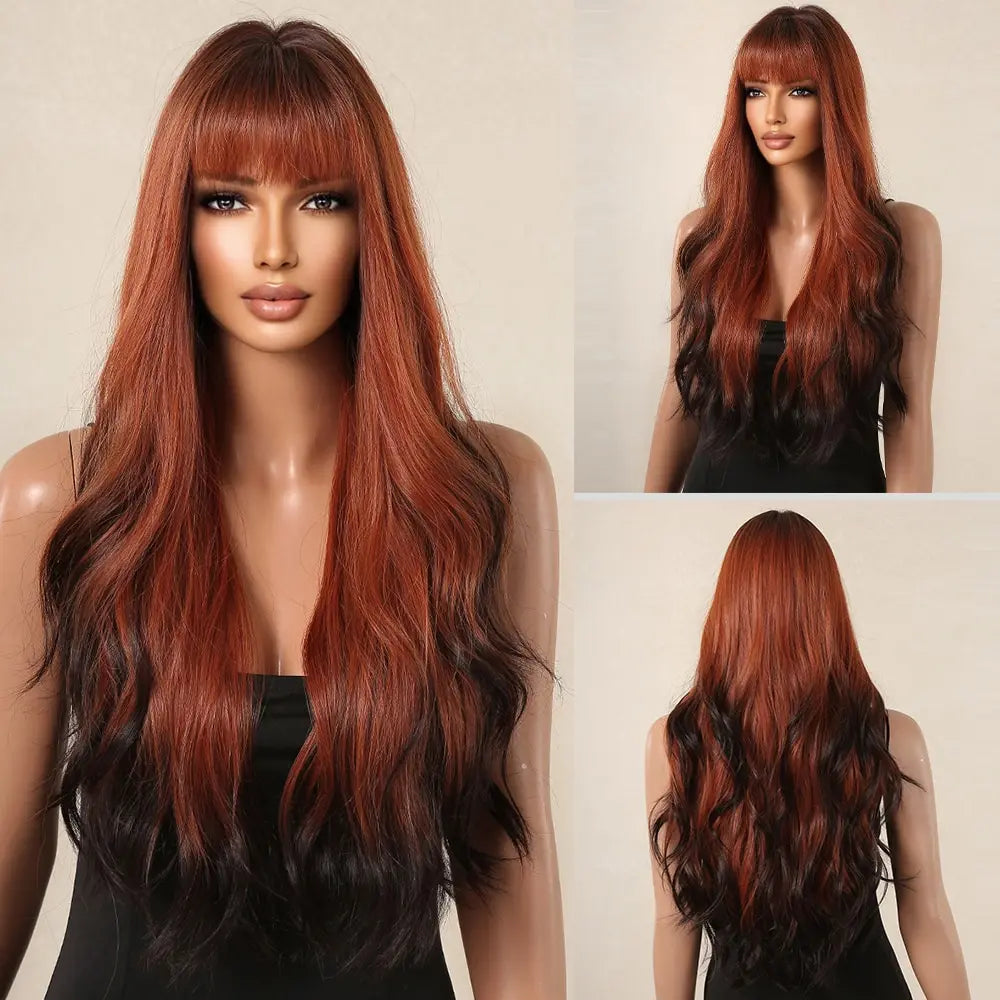 Brown Wavy Wig with Bangs for Women Heat-Resistant Synthetic Hair Cosplay
