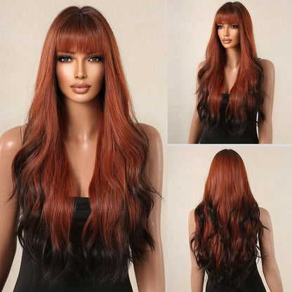 Brown Wavy Wig with Bangs for Women Heat-Resistant Synthetic Hair Cosplay