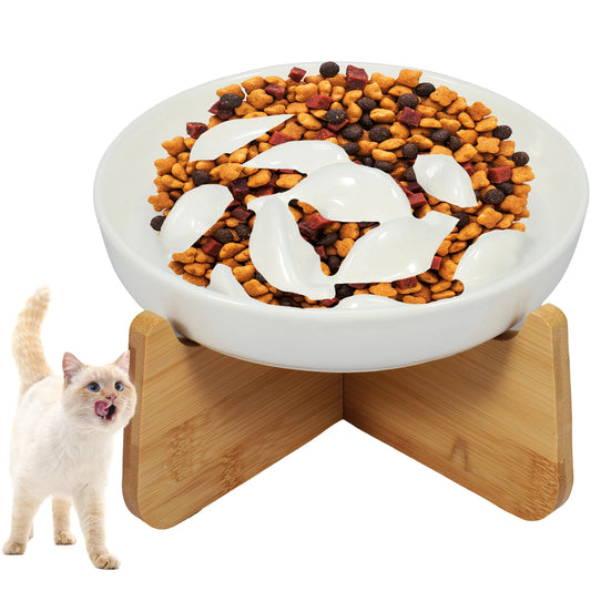Raised Ceramic Cat Bowl with Wood Stand - Anti-Vomiting Slow Feeder
