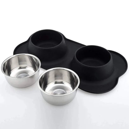 Antislip Double Dog Bowl with Silicone Mat – Durable Stainless Steel Water & Food Feeder for Pets