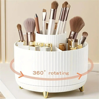 360° Rotating Makeup Organizer – Plastic Cosmetic Storage with 5 Compartments for Brushes