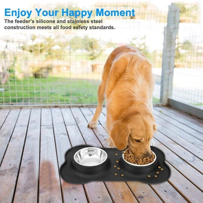 Antislip Double Dog Bowl with Silicone Mat – Durable Stainless Steel Water & Food Feeder for Pets