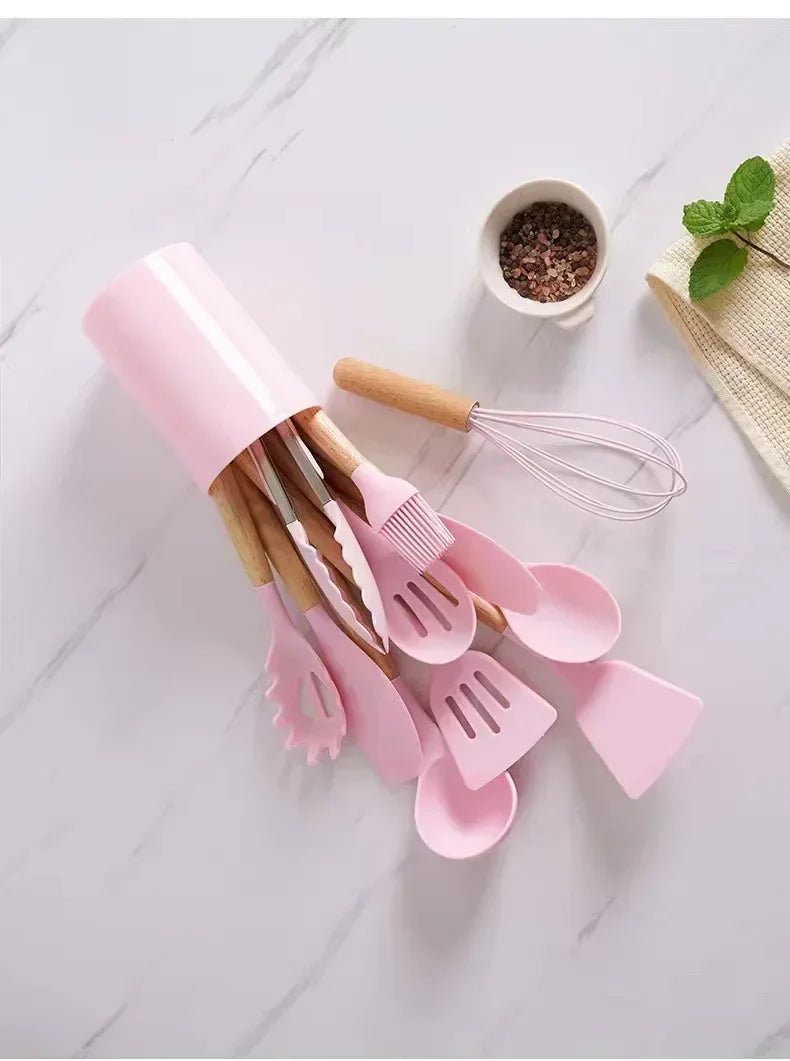 12Pcs Silicone Cooking Utensils Set with Wooden Handle, Non-Stick Kitchen Tools
