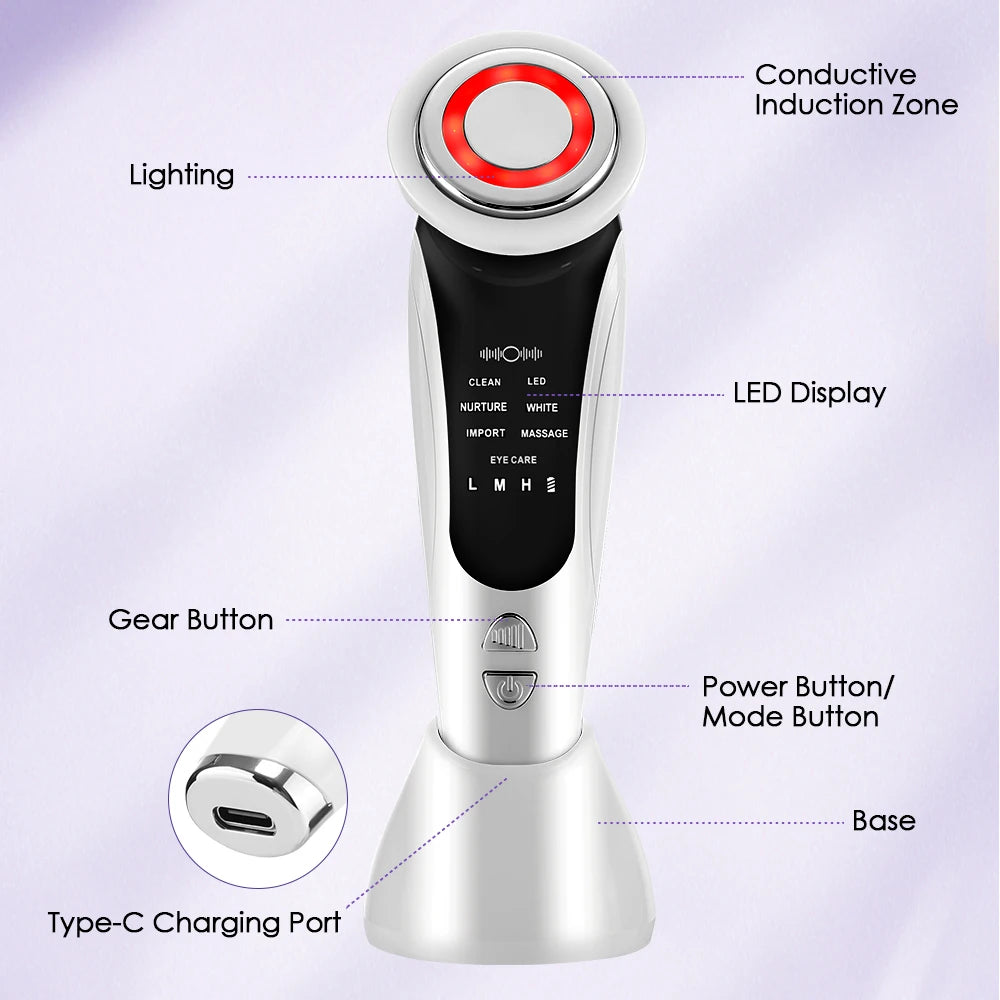 EMS Facial Massager - LED Light Therapy & Sonic Ion Vibration for Skin Tightening & Anti-Wrinkle