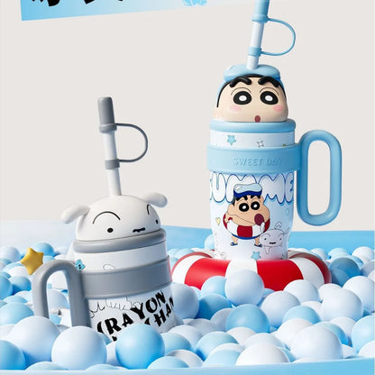 800ML Crayon Shin-Chan Stainless Steel Thermos Cup – Large Capacity with Handle & Straw for Kids