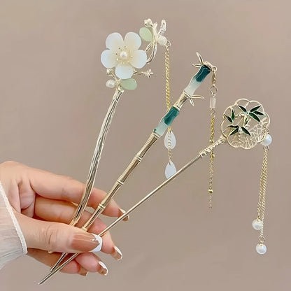 Elegant Chinese Style Hair Clip with Tassel Traditional Floral Design Hairpin & Hair Needle for Women