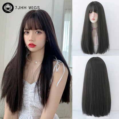 Straight Layered Blonde Wig with Neat Bangs - High Density Synthetic Hair for Women