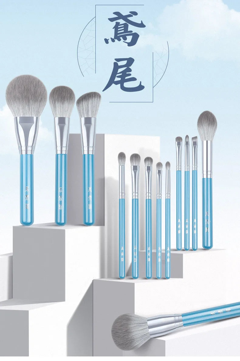 13pcs Blue Makeup Brush Set – Powder, Blusher, Eyeshadow, Eyebrow & Lip Brushes