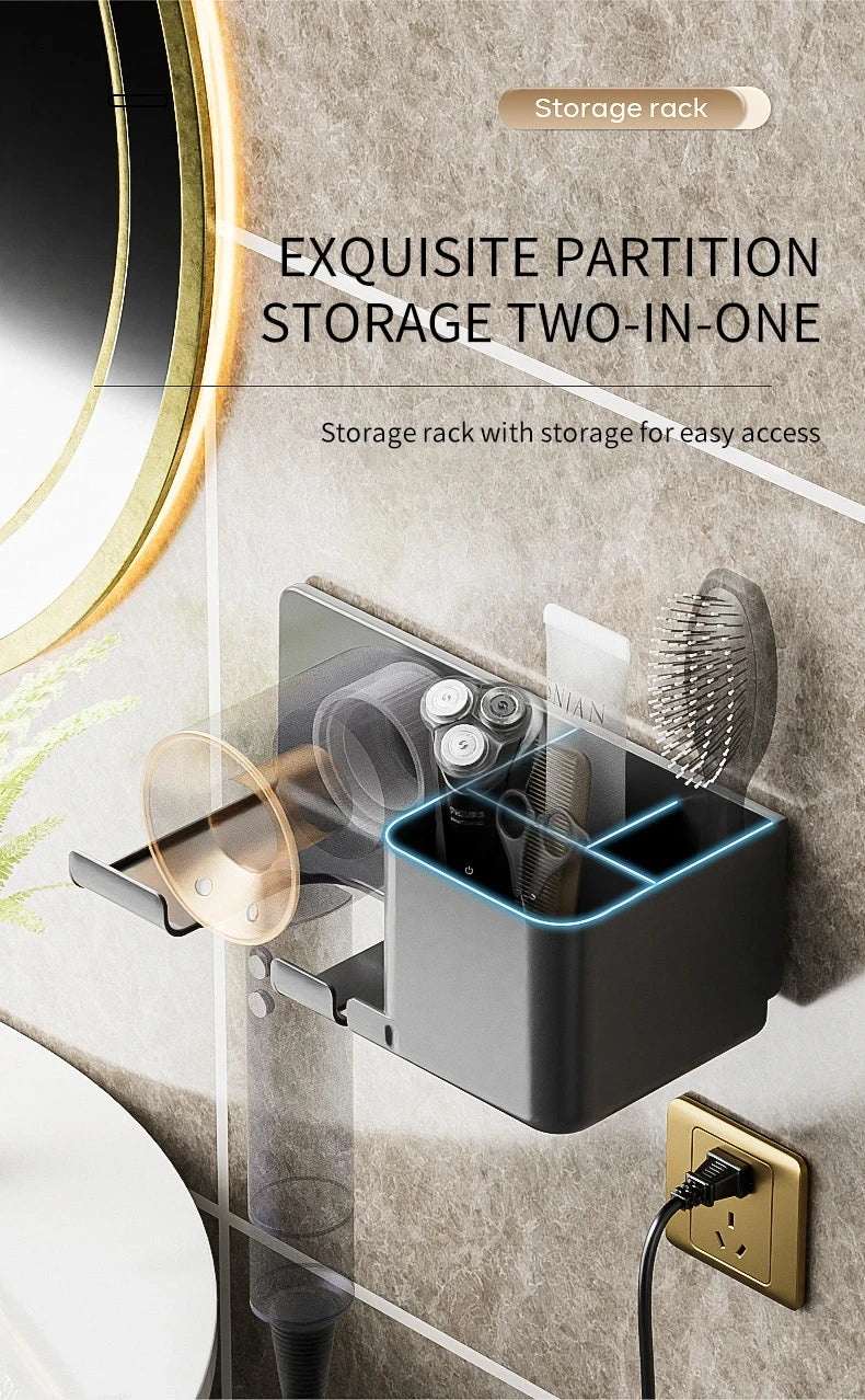 Wall-Mounted Hair Dryer Holder, Organizer Box & Straightener Stand for Bathroom Accessories