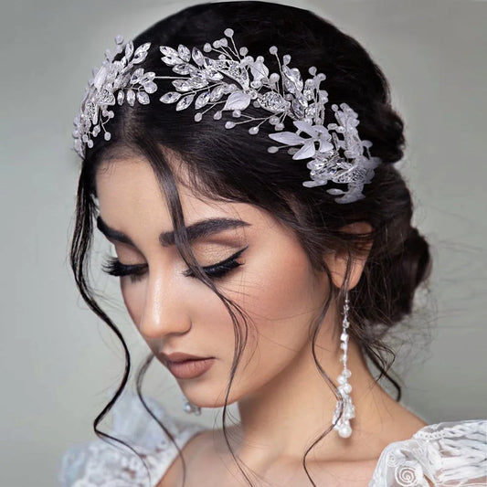Bridal Hair Accessories - Crystal Pearl Rhinestone Tiara Headband with Leaf Design for Women