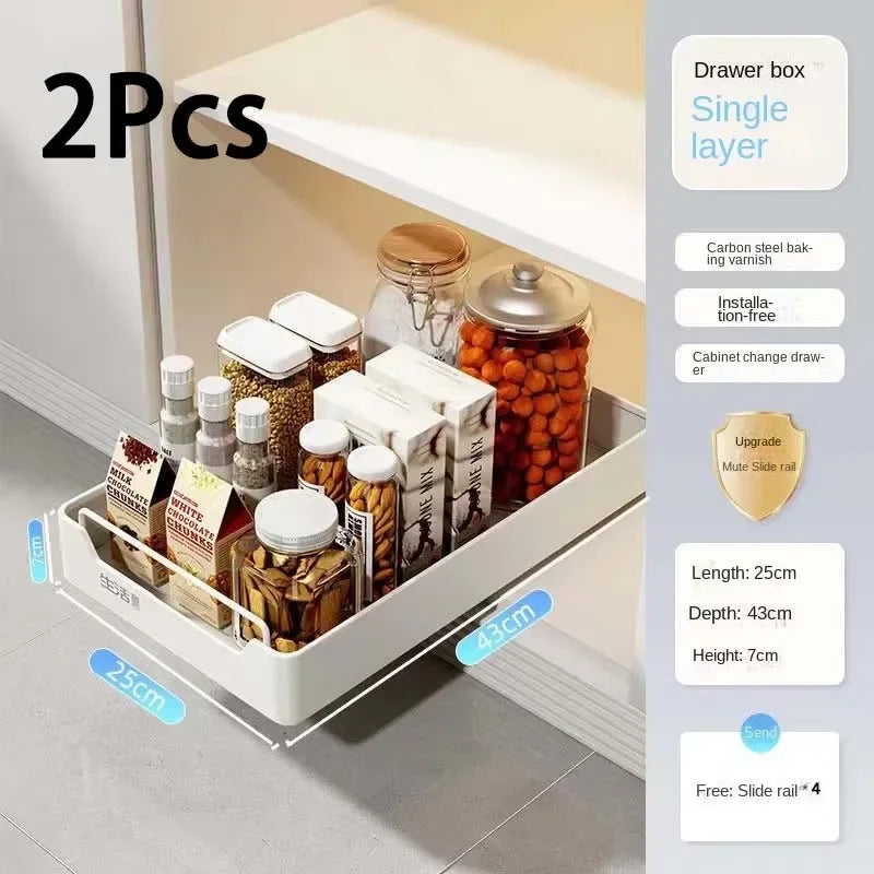 Pull Out Kitchen Storage Shelf with Slide Rails and Spice Organizer Rack