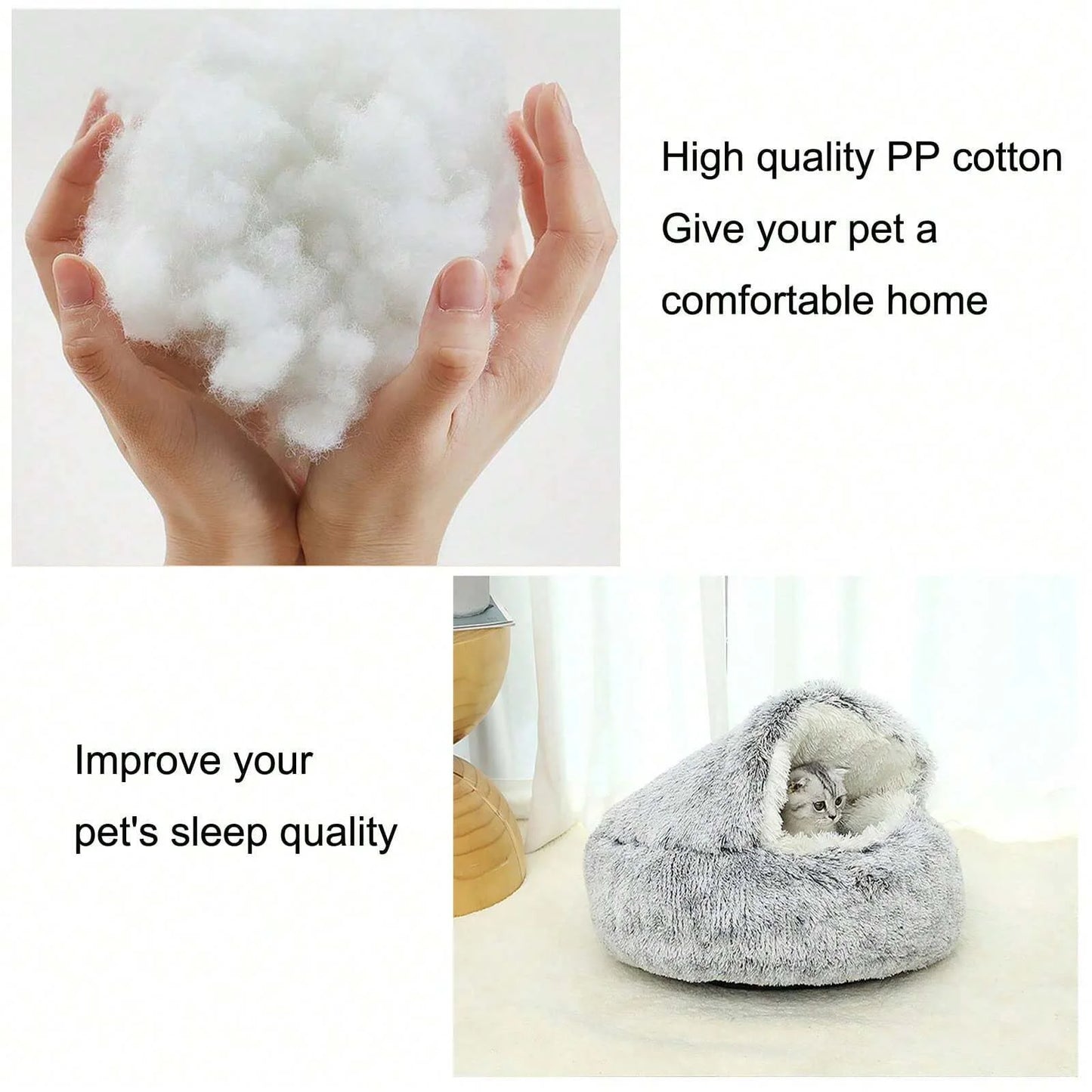 Plush Hooded Pet Bed – 2-in-1 Fluffy Sleeping Nest for Cats & Small Dogs