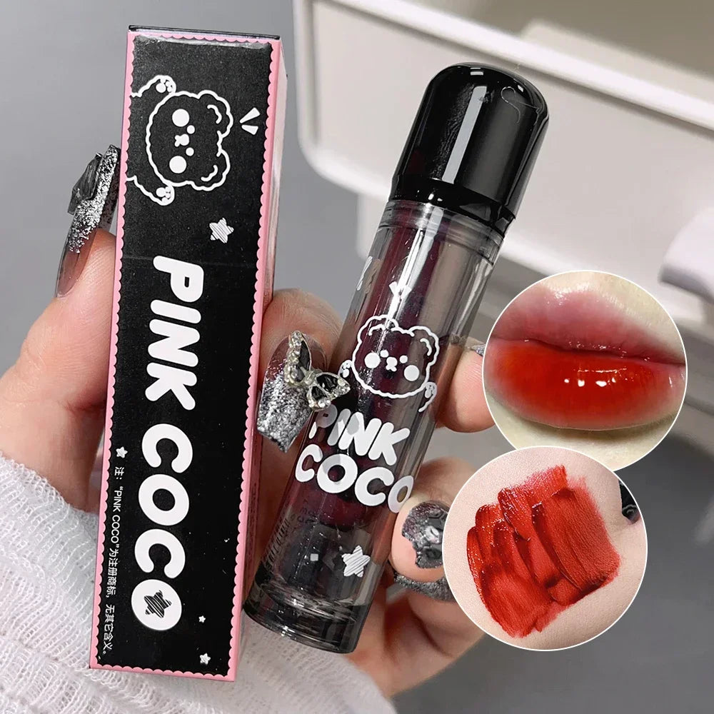 Dark Black Mirror Water Lip Gloss - Moisturizing, Long-Lasting Non-Stick Cup Lipstick in Tea Brown & Red