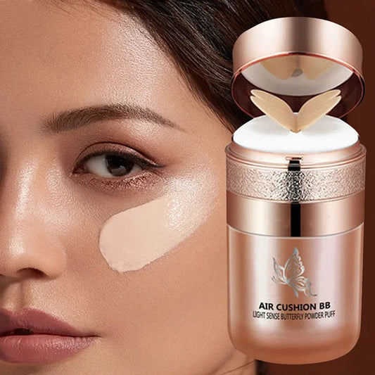 Air Cushion BB Cream with Butterfly Powder Puff – Moisturizing, Whitening, and Waterproof Foundation